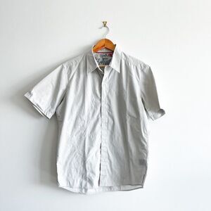 Quicksilver Mens Button Down Casual Short Sleeved Shirt Embroidered Gray Medium